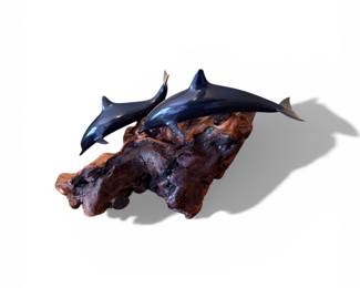 Dolphins And Driftwood Sculpture By John Perry, Approx 8" H x 12" W x 12.5" D 