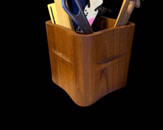 Teak MCM desk caddy full  of letter openers some hand carved