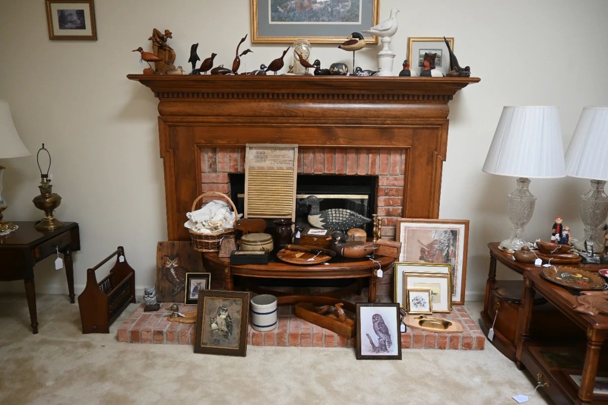 Vintage carved birds, primatives, decoys, and owl art