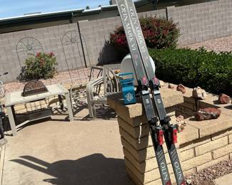 Vintage Olin Mark VI skis w/binding & plastic tote