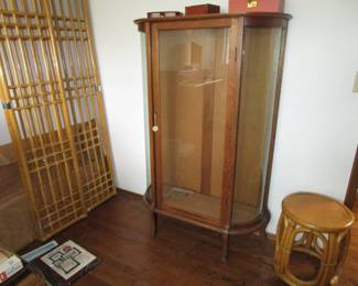 Antique curio, bamboo screen, Maguire stool