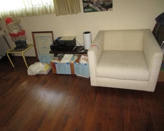 Mid Century chair, boxes of vintage linens