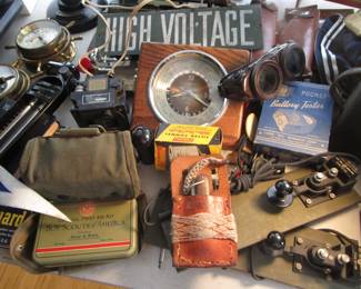 What treasures! Vintage porcelain sign, knives, nautical, military...more