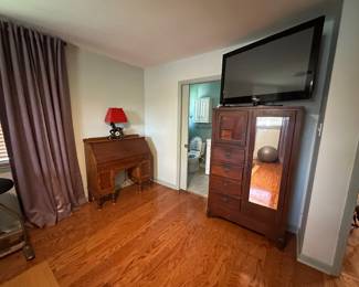 MCM Landshire Black Beauty Lamp, Antique Secretary Desk, Antique Armoire