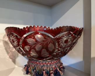 Cranberry Cut to Clear Crystal Bowl