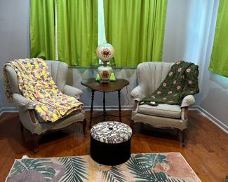 Gone with the Wind Parlor Lamp with Painted Roses,  MCM Triangular Drop Leaf Table, Ruggable Monkey Mania Washable Rug