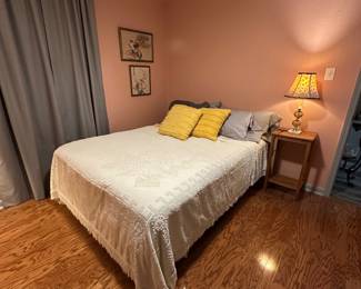 Queen Sized Mattress, Box Spring, and Frame, Vintage Asian Silk Embroidery 