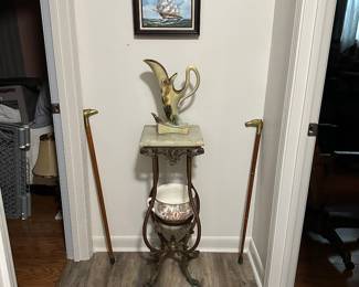Antique Marble Pant Stand, Chamberpot, MCM Hull Pottery Vase, Brass Eagle Handle Walking Sticks