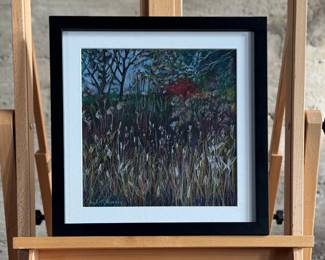 “End of the Season”, an original colored pencil and acrylic painting by listed Oregon artist, Carolyn Lehl. Titled lower left and signed lower right. Professionally framed, bio on the verso, and measures in frame, 15.75” H x 15.25” W.