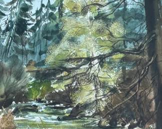 “Springbrook”, an original watercolor by Oregon listed artist, Shirley F. Coan. Signed lower right and measures in frame, 20.25” H x 16.25” W. Titled on the verso with a short bio on the artist.