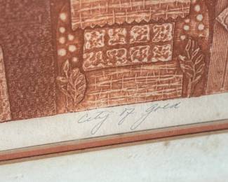 “City of Gold”, a limited edition print by listed artist, Marcia Isaacs and printed by Master Printer, Bill Wheeler. Edition 43/150, titled, and signed lower right by the artist. Certificate of authenticity and bio on the verso. Measures in frame, 26.5” H x 23.25” W. Isaacs has dabbled in etchings, monotypes, mixed media, collages, paintings, and digital imagery. Marcia Isaacs attended UC Berkeley, obtained her BA in Art from UCLA (University of California Los Angeles) and her Masters of Art from CSUN (California State University Northridge).