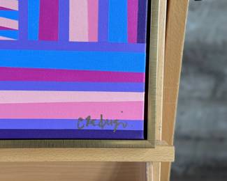 “Flamingo″, an original acrylic on canvas by listed artist, Camilo Requejo. Measures in frame, 25” H X 19” W. Requejo (1976-) is a Mexican-Spanish architect living in the US with more than 20 years of experience in design and construction, including several residential projects, sports, and medical facilities. Requejo started collecting art from recognized painters and sculptors for the past four years, waking up in him the desire of exploring and transporting his architectural style into art manifestation; combining geometric shapes with color combinations into the canvas.