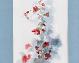 "Hummingbird", a print by listed Oregon artist, Don Zylius. Signed lower right with an additional printed signature lower left. Professionally framed and measures in frame, 22” H x 17.5” W.