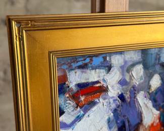 “Quiet Alley”, an original oil on board painting by listed artist, Serguei Novitchkov. Measures in the frame, 19.75” H x 17” W. Signed lower right and again with title on the verso. Accompanied with a certificate of authenticity from the artist. Novitchkov (1969-) was born in Moscow, Russia and graduated from the St. Petersburg Academy of Arts with a degree in “Painting and Composition” under the guidance of Professor Alexey Nikolaevich Sukhovetsky, a people’s artist of the Russian Federation. Serguei’s paintings are primarily dedicated to landscape art, often characterized by romantic, lyrical, and abstract themes, as well as genre painting. For many years, he has actively participated in both online and in-person exhibitions. Since 2000, he has lived and worked in Los Angeles, California.