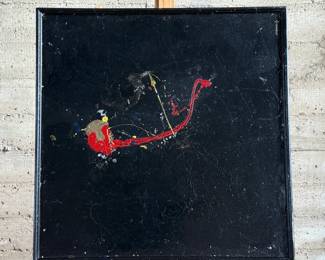 This lot features an original abstract painting, signed by unknown artist Hilborne. Measures in frame, 37” H x 37” W.