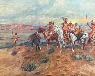 “Finding The Trail”, a professionally framed print by listed artist, C.M. Russell. Measures in frame, 18” H x 22” W.