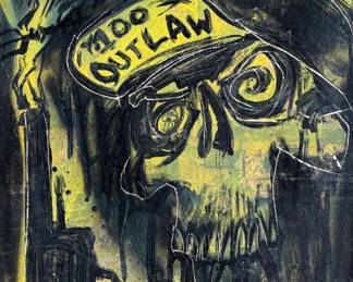 Media artwork on board depicting a skull wearing a hat with ‘100 Outlaw’ written on it. The piece features dark tones accented with striking yellow highlights. There is a gun and a bird incorporated into the imagery. The frame has wear at the edges, and the artist’s signature is present in the lower right corner. Mounted without glass covering and measures, 30” H x 24” W.