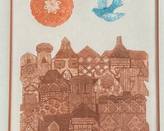 “City of Gold”, a limited edition print by listed artist, Marcia Isaacs and printed by Master Printer, Bill Wheeler. Edition 43/150, titled, and signed lower right by the artist. Certificate of authenticity and bio on the verso. Measures in frame, 26.5” H x 23.25” W. Isaacs has dabbled in etchings, monotypes, mixed media, collages, paintings, and digital imagery. Marcia Isaacs attended UC Berkeley, obtained her BA in Art from UCLA (University of California Los Angeles) and her Masters of Art from CSUN (California State University Northridge).