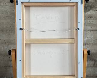 “Flamingo″, an original acrylic on canvas by listed artist, Camilo Requejo. Measures in frame, 25” H X 19” W. Requejo (1976-) is a Mexican-Spanish architect living in the US with more than 20 years of experience in design and construction, including several residential projects, sports, and medical facilities. Requejo started collecting art from recognized painters and sculptors for the past four years, waking up in him the desire of exploring and transporting his architectural style into art manifestation; combining geometric shapes with color combinations into the canvas.