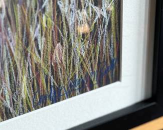 “End of the Season”, an original colored pencil and acrylic painting by listed Oregon artist, Carolyn Lehl. Titled lower left and signed lower right. Professionally framed, bio on the verso, and measures in frame, 15.75” H x 15.25” W.