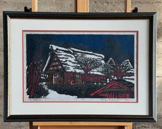 “Kurashikigawa”, an original limited edition woodblock print by listed artist, Kan Kawada. Edition 3/52, signed and numbered in pencil, professionally framed, and measures in frame, 24” H x 32.5” W.