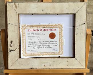 “Absence of Noise”, an original oil on board painting by listed artist, Serguei Novitchkov. Measures in the frame, 17” H x 19.75” W. Signed lower right and again with title on the verso. Accompanied with a certificate of authenticity from the artist. Novitchkov (1969-) was born in Moscow, Russia and graduated from the St. Petersburg Academy of Arts with a degree in “Painting and Composition” under the guidance of Professor Alexey Nikolaevich Sukhovetsky, a people’s artist of the Russian Federation. Serguei’s paintings are primarily dedicated to landscape art, often characterized by romantic, lyrical, and abstract themes, as well as genre painting. For many years, he has actively participated in both online and in-person exhibitions. Since 2000, he has lived and worked in Los Angeles, California.