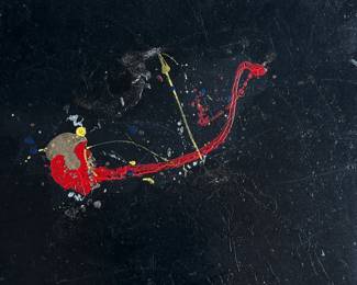 This lot features an original abstract painting, signed by unknown artist Hilborne. Measures in frame, 37” H x 37” W.