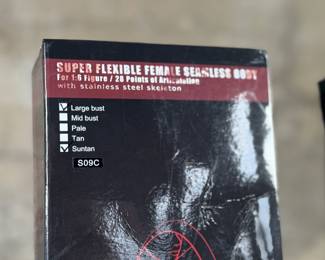 Two boxed Super Flexible Female Seamless Body figures designed for 1/6th scale action figures. Each features 28 points of articulation and a stainless steel skeleton. One box indicates “Med Bust, Pale, Suntan, ” while the other lists “Large Bust, Mid Bust, Tan, Suntan.” Both items are in original packaging with minor signs of handling on the boxes.