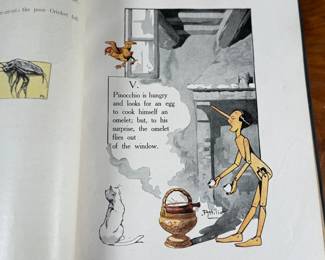 The Adventures of Pinocchio by C. Collodi, printed in Italy by R. Bemporad & Son. This is the third printing of the edition in English text, featuring illustrations in color by Attilio Mussino. Hardcover with a dark blue cover, red spine lettering, and a prominent illustrated design. Published in 1929 by The Macmillan Company. Includes vivid illustrations and period typography.