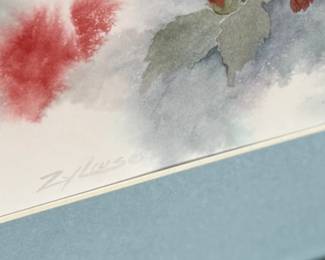 "Hummingbird", a print by listed Oregon artist, Don Zylius. Signed lower right with an additional printed signature lower left. Professionally framed and measures in frame, 22” H x 17.5” W.