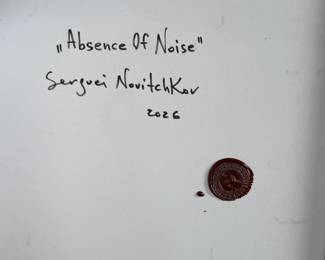 “Absence of Noise”, an original oil on board painting by listed artist, Serguei Novitchkov. Measures in the frame, 17” H x 19.75” W. Signed lower right and again with title on the verso. Accompanied with a certificate of authenticity from the artist. Novitchkov (1969-) was born in Moscow, Russia and graduated from the St. Petersburg Academy of Arts with a degree in “Painting and Composition” under the guidance of Professor Alexey Nikolaevich Sukhovetsky, a people’s artist of the Russian Federation. Serguei’s paintings are primarily dedicated to landscape art, often characterized by romantic, lyrical, and abstract themes, as well as genre painting. For many years, he has actively participated in both online and in-person exhibitions. Since 2000, he has lived and worked in Los Angeles, California.