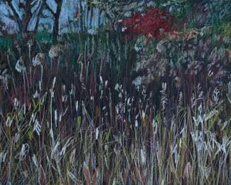 “End of the Season”, an original colored pencil and acrylic painting by listed Oregon artist, Carolyn Lehl. Titled lower left and signed lower right. Professionally framed, bio on the verso, and measures in frame, 15.75” H x 15.25” W.