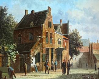 Framed oil on panel painting depicting a detailed village scene with several figures and buildings. Signed by the artist in the lower right corner. Encased in an ornate, gilt wooden frame with floral details. Measures in frame, 20.75” H x 24.75” W.