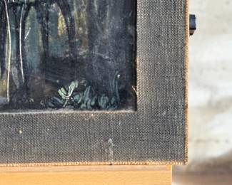 Media artwork on board depicting a skull wearing a hat with ‘100 Outlaw’ written on it. The piece features dark tones accented with striking yellow highlights. There is a gun and a bird incorporated into the imagery. The frame has wear at the edges, and the artist’s signature is present in the lower right corner. Mounted without glass covering and measures, 30” H x 24” W.