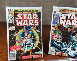 Marvel Star Wars comic books, including numerous issues from the original 1977-1986 series. Covers feature iconic characters such as Darth Vader, Luke Skywalker, Chewbacca, and other figures from the Star Wars universe. Stored in protective sleeves, overall condition appears fair to good for comic book enthusiasts. Fifteen (15) comics total.