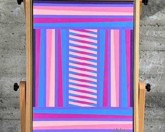 “Flamingo″, an original acrylic on canvas by listed artist, Camilo Requejo. Measures in frame, 25” H X 19” W. Requejo (1976-) is a Mexican-Spanish architect living in the US with more than 20 years of experience in design and construction, including several residential projects, sports, and medical facilities. Requejo started collecting art from recognized painters and sculptors for the past four years, waking up in him the desire of exploring and transporting his architectural style into art manifestation; combining geometric shapes with color combinations into the canvas.