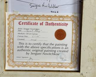 “Quiet Alley”, an original oil on board painting by listed artist, Serguei Novitchkov. Measures in the frame, 19.75” H x 17” W. Signed lower right and again with title on the verso. Accompanied with a certificate of authenticity from the artist. Novitchkov (1969-) was born in Moscow, Russia and graduated from the St. Petersburg Academy of Arts with a degree in “Painting and Composition” under the guidance of Professor Alexey Nikolaevich Sukhovetsky, a people’s artist of the Russian Federation. Serguei’s paintings are primarily dedicated to landscape art, often characterized by romantic, lyrical, and abstract themes, as well as genre painting. For many years, he has actively participated in both online and in-person exhibitions. Since 2000, he has lived and worked in Los Angeles, California.