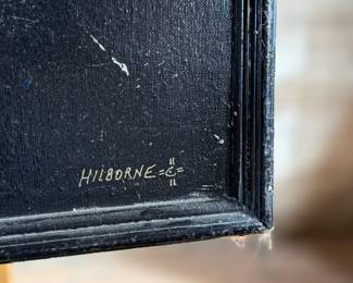 This lot features an original abstract painting, signed by unknown artist Hilborne. Measures in frame, 37” H x 37” W.