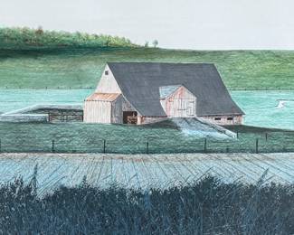 “Across the Meadow”, an original lithograph by listed artist, James Lynch. Signed lower right, professionally framed, and measures in frame, 22” H x 25.5” W. Certificate of authenticity on the verso. James Lynch (b. 1956) grew up in Wiltshire and now lives and works in Somerset. His work is included in the National Trust collections at Kingston Lacy, Wimpole Hall, and Chartwell. Awards include; the Elizabeth Greenshields bursary (83′), the Royal Academy Award for watercolour (86′) and the Spectator Art Award (93′).