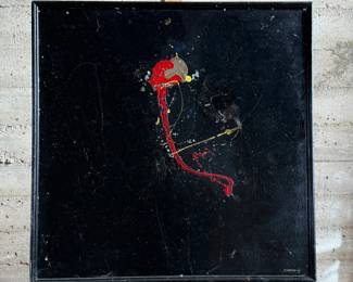 This lot features an original abstract painting, signed by unknown artist Hilborne. Measures in frame, 37” H x 37” W.