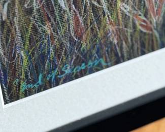 “End of the Season”, an original colored pencil and acrylic painting by listed Oregon artist, Carolyn Lehl. Titled lower left and signed lower right. Professionally framed, bio on the verso, and measures in frame, 15.75” H x 15.25” W.