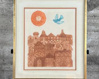 “City of Gold”, a limited edition print by listed artist, Marcia Isaacs and printed by Master Printer, Bill Wheeler. Edition 43/150, titled, and signed lower right by the artist. Certificate of authenticity and bio on the verso. Measures in frame, 26.5” H x 23.25” W. Isaacs has dabbled in etchings, monotypes, mixed media, collages, paintings, and digital imagery. Marcia Isaacs attended UC Berkeley, obtained her BA in Art from UCLA (University of California Los Angeles) and her Masters of Art from CSUN (California State University Northridge).