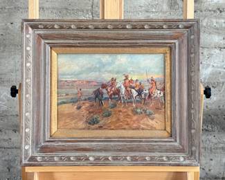 “Finding The Trail”, a professionally framed print by listed artist, C.M. Russell. Measures in frame, 18” H x 22” W.