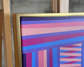 “Flamingo″, an original acrylic on canvas by listed artist, Camilo Requejo. Measures in frame, 25” H X 19” W. Requejo (1976-) is a Mexican-Spanish architect living in the US with more than 20 years of experience in design and construction, including several residential projects, sports, and medical facilities. Requejo started collecting art from recognized painters and sculptors for the past four years, waking up in him the desire of exploring and transporting his architectural style into art manifestation; combining geometric shapes with color combinations into the canvas.