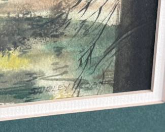 “Springbrook”, an original watercolor by Oregon listed artist, Shirley F. Coan. Signed lower right and measures in frame, 20.25” H x 16.25” W. Titled on the verso with a short bio on the artist.