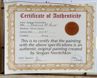 “Absence of Noise”, an original oil on board painting by listed artist, Serguei Novitchkov. Measures in the frame, 17” H x 19.75” W. Signed lower right and again with title on the verso. Accompanied with a certificate of authenticity from the artist. Novitchkov (1969-) was born in Moscow, Russia and graduated from the St. Petersburg Academy of Arts with a degree in “Painting and Composition” under the guidance of Professor Alexey Nikolaevich Sukhovetsky, a people’s artist of the Russian Federation. Serguei’s paintings are primarily dedicated to landscape art, often characterized by romantic, lyrical, and abstract themes, as well as genre painting. For many years, he has actively participated in both online and in-person exhibitions. Since 2000, he has lived and worked in Los Angeles, California.