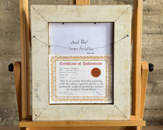 “Quiet Alley”, an original oil on board painting by listed artist, Serguei Novitchkov. Measures in the frame, 19.75” H x 17” W. Signed lower right and again with title on the verso. Accompanied with a certificate of authenticity from the artist. Novitchkov (1969-) was born in Moscow, Russia and graduated from the St. Petersburg Academy of Arts with a degree in “Painting and Composition” under the guidance of Professor Alexey Nikolaevich Sukhovetsky, a people’s artist of the Russian Federation. Serguei’s paintings are primarily dedicated to landscape art, often characterized by romantic, lyrical, and abstract themes, as well as genre painting. For many years, he has actively participated in both online and in-person exhibitions. Since 2000, he has lived and worked in Los Angeles, California.