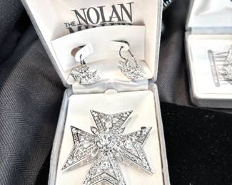 Vintage Nolan Miller rhinestone maltese cross brooch/earrings