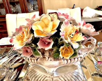 Vintage large Capodimonte flowers in footed bowl