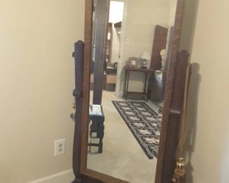Tiger oak floor mirror with Empire base